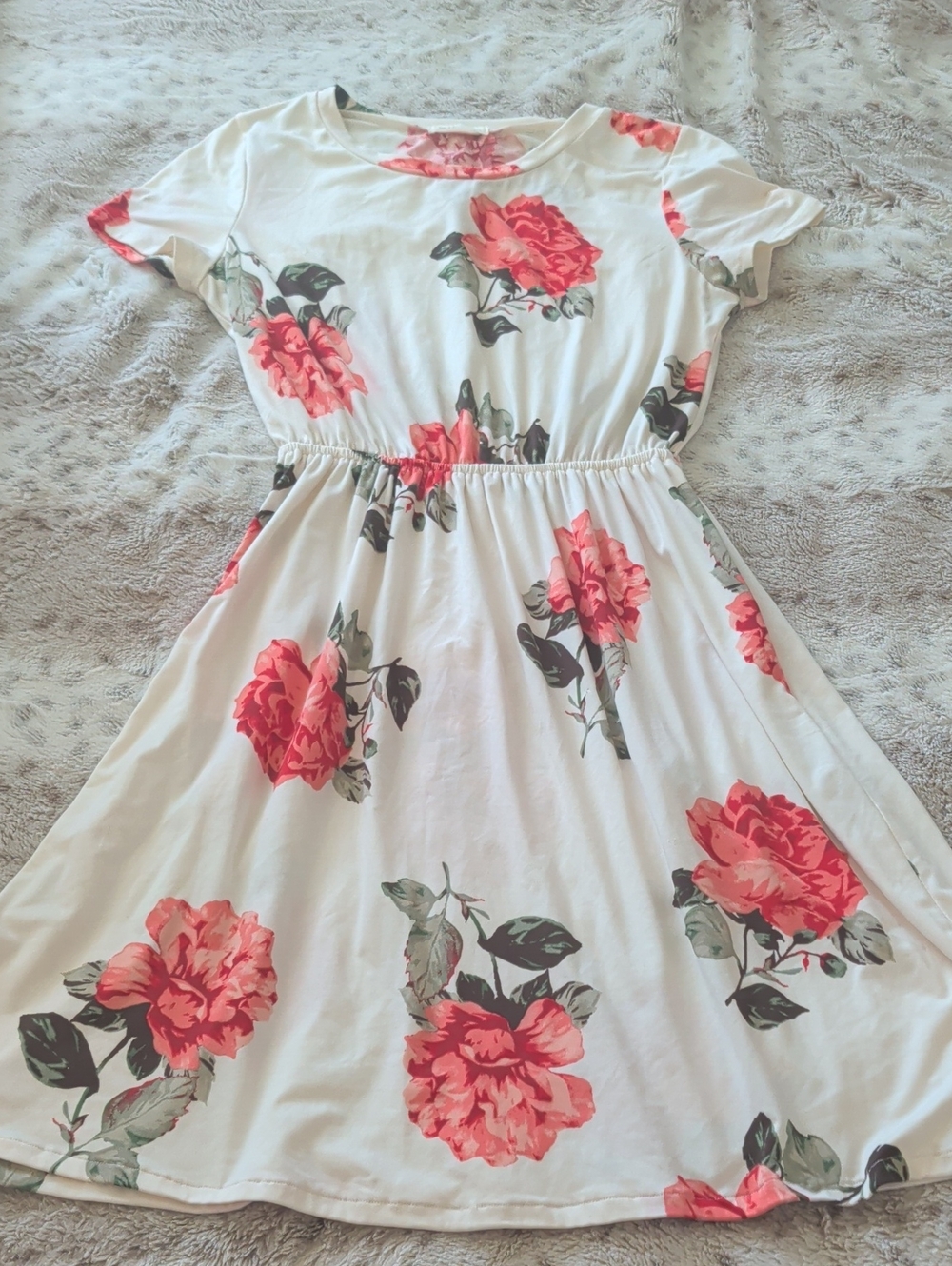Girls White Dress with Coral Floral Print